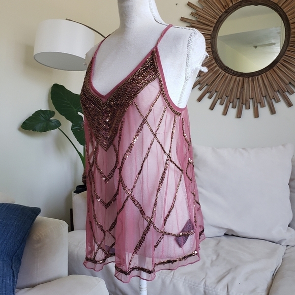 Anthropologie Tops - Anthropologie Mauve Beaded Sheer Tank Top